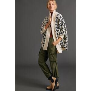 Anthropologie Houndstooth Shawl Cardigan Eyelash Knit Open Front OS Black Cream